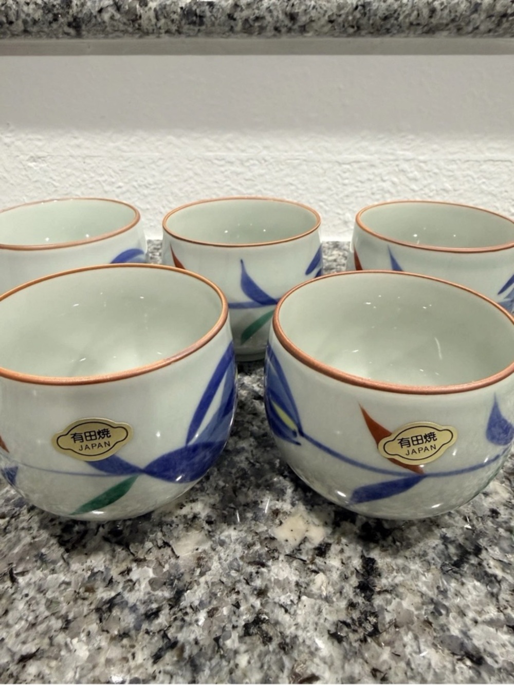 Japanese Porcelain Tea Cups — Hand-Painted Blue Floral, Set of 5
